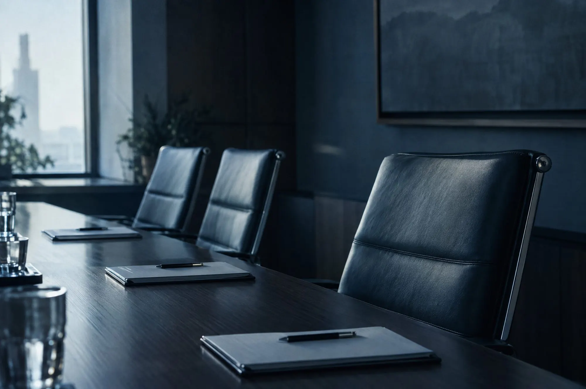 An empty boardroom table in early morning light, chairs facing the camera