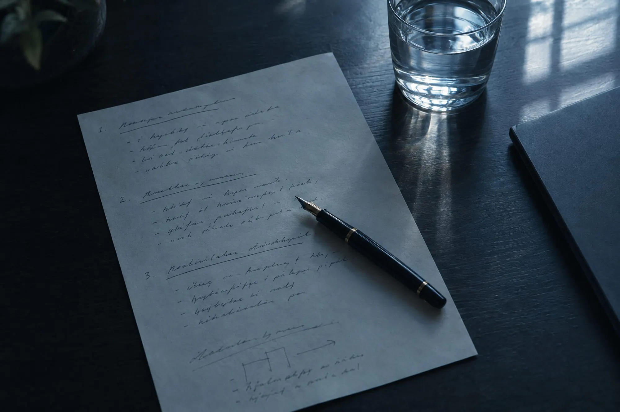 A page of handwritten notes, a pen and a glass of water on a dark table