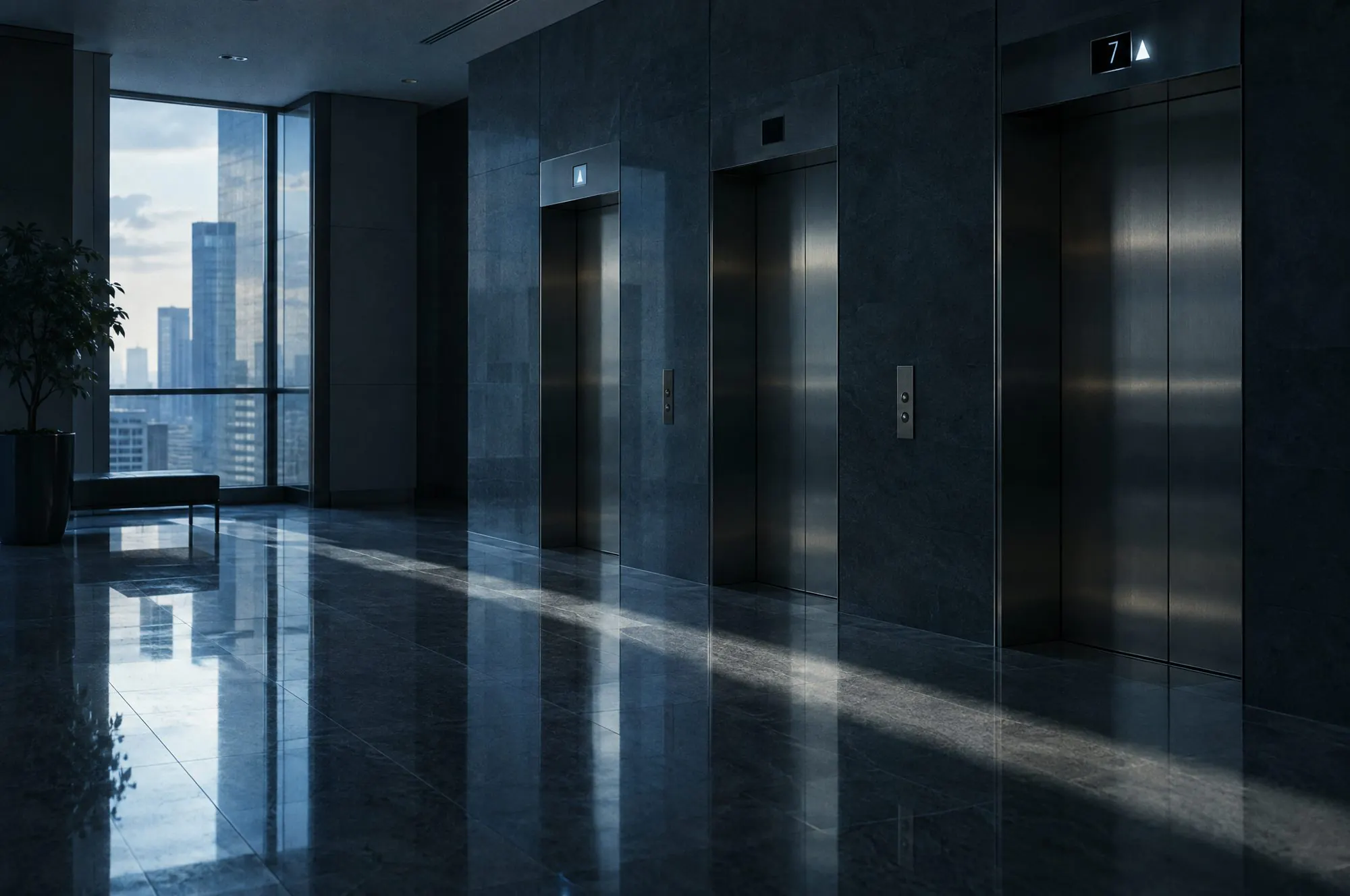 A lift lobby in a corporate headquarters, early in the morning