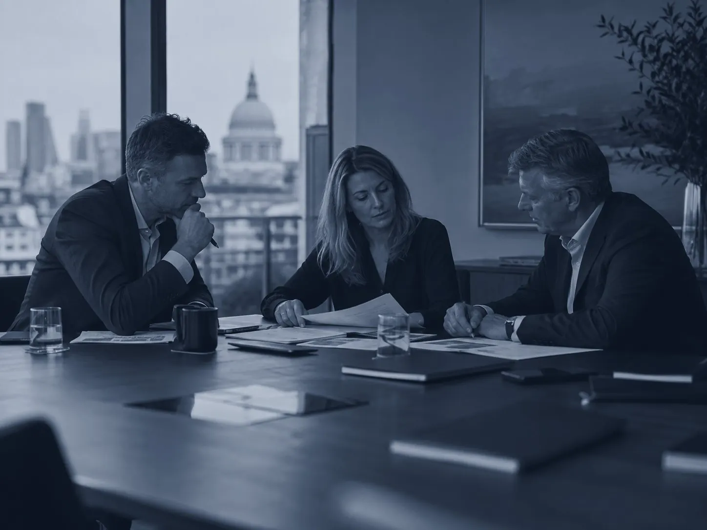 Three colleagues working through a document at a boardroom table, the City of London beyond the window